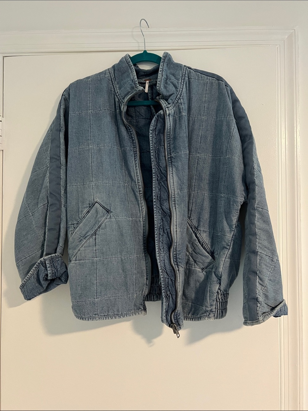 Free People Quilted Light Blue Bomber Jacket - Picture 6 of 11